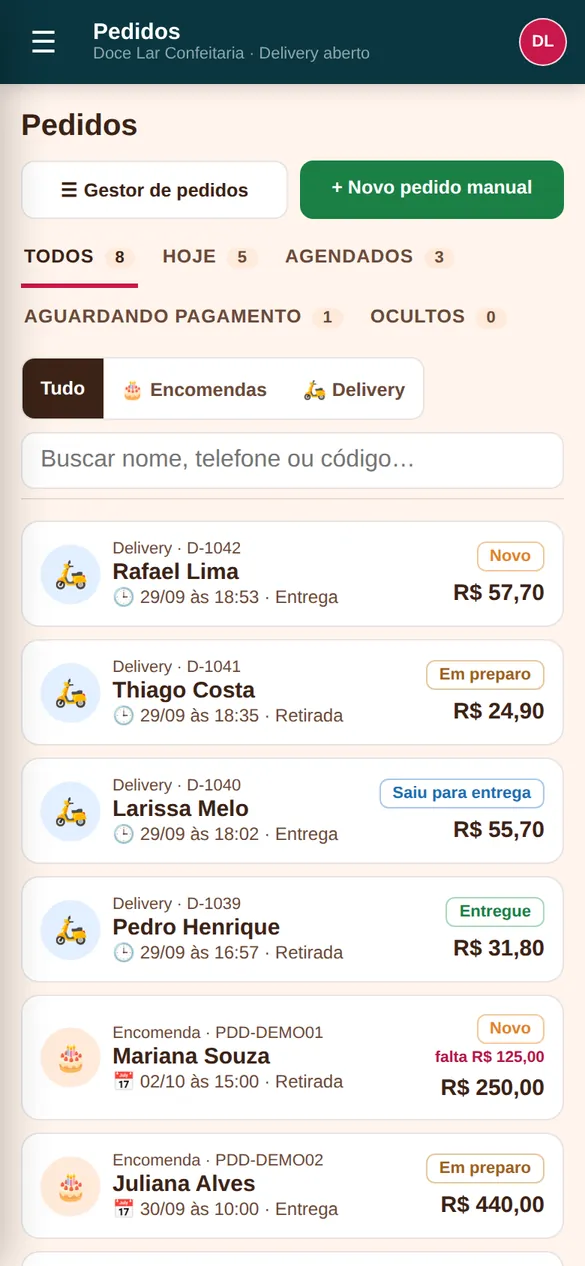 Tela de pedidos no celular