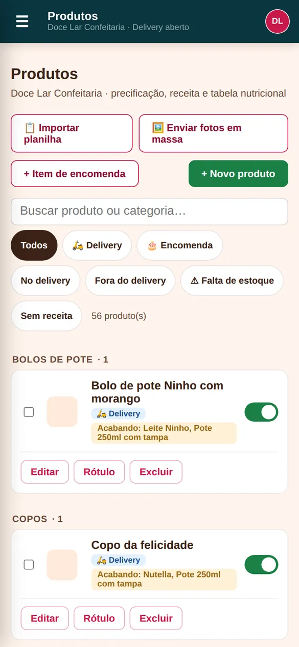 Tela de produtos no celular